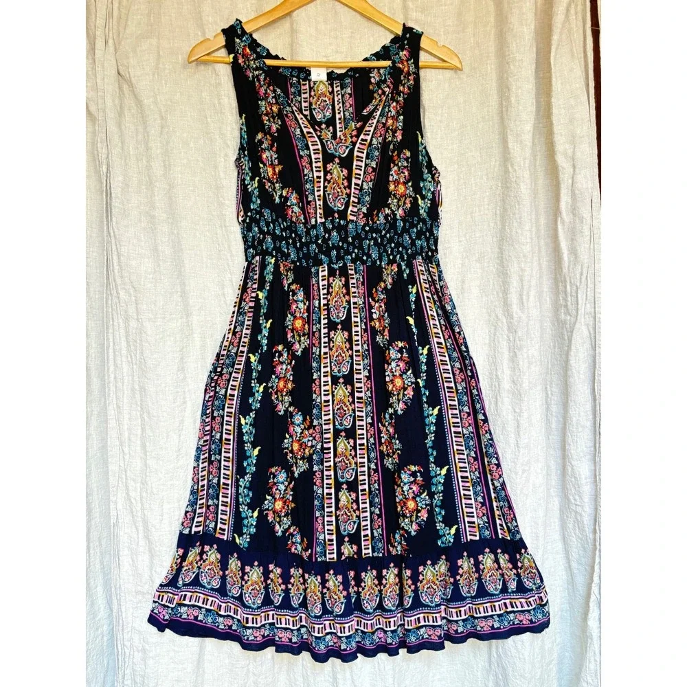 Bila Boho Dress Small Floral Paisley Rayon Smocked‎ Waist Sleeveless